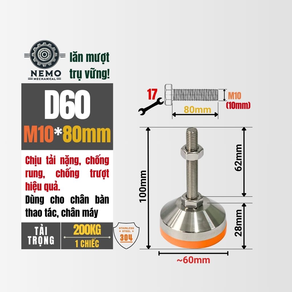 Chân Tăng Chỉnh Inox 304 Ren M10 – Chống Gỉ Tuyệt Đối, Đế Bát Dày Chịu Tải Nặng
